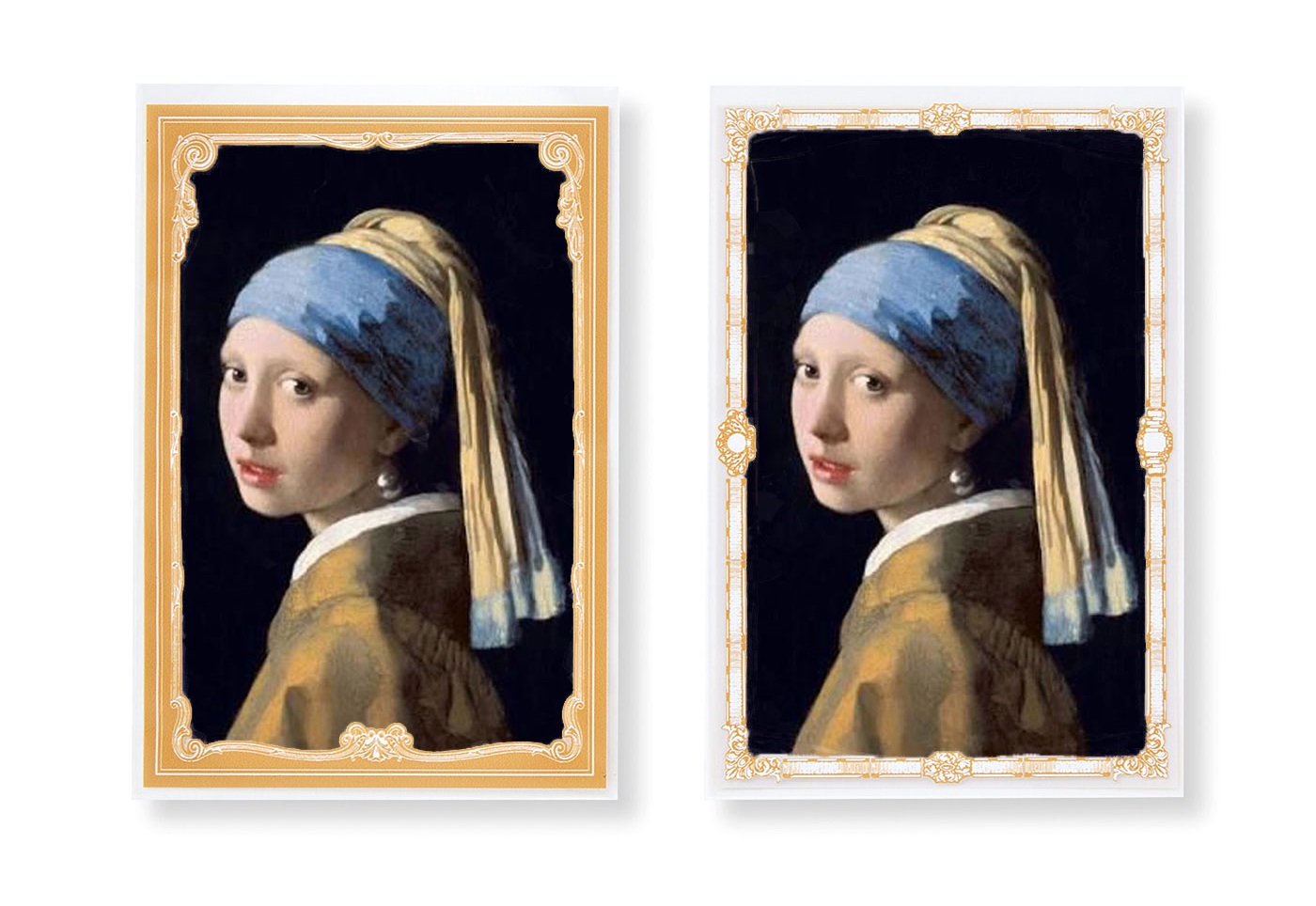 Kraso[クラソ] ｜フェリシモミュージアム部　おうちミュージアム 額縁柄のきせかえポストカード袋セットの会｜「真珠の耳飾りの少女」　ヨハネス・フェルメール（1665年頃）  　額縁柄によっても印象が大きく変わります。