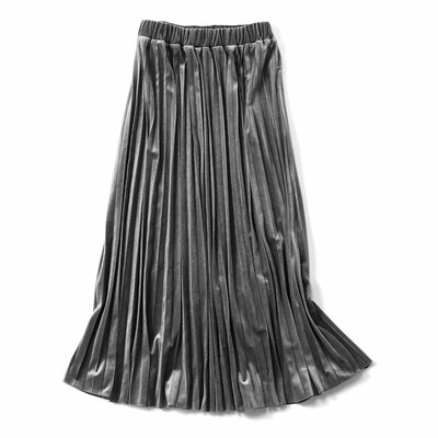  IEDIT[イディット] つややかな光沢が上品な ベロアプリーツスカート〈シルバーグレー〉【送料無料】
