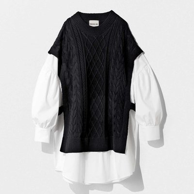  MEDE19F アラン編みニットベストのドッキングシャツトップス〈ブラック〉【送料無料】