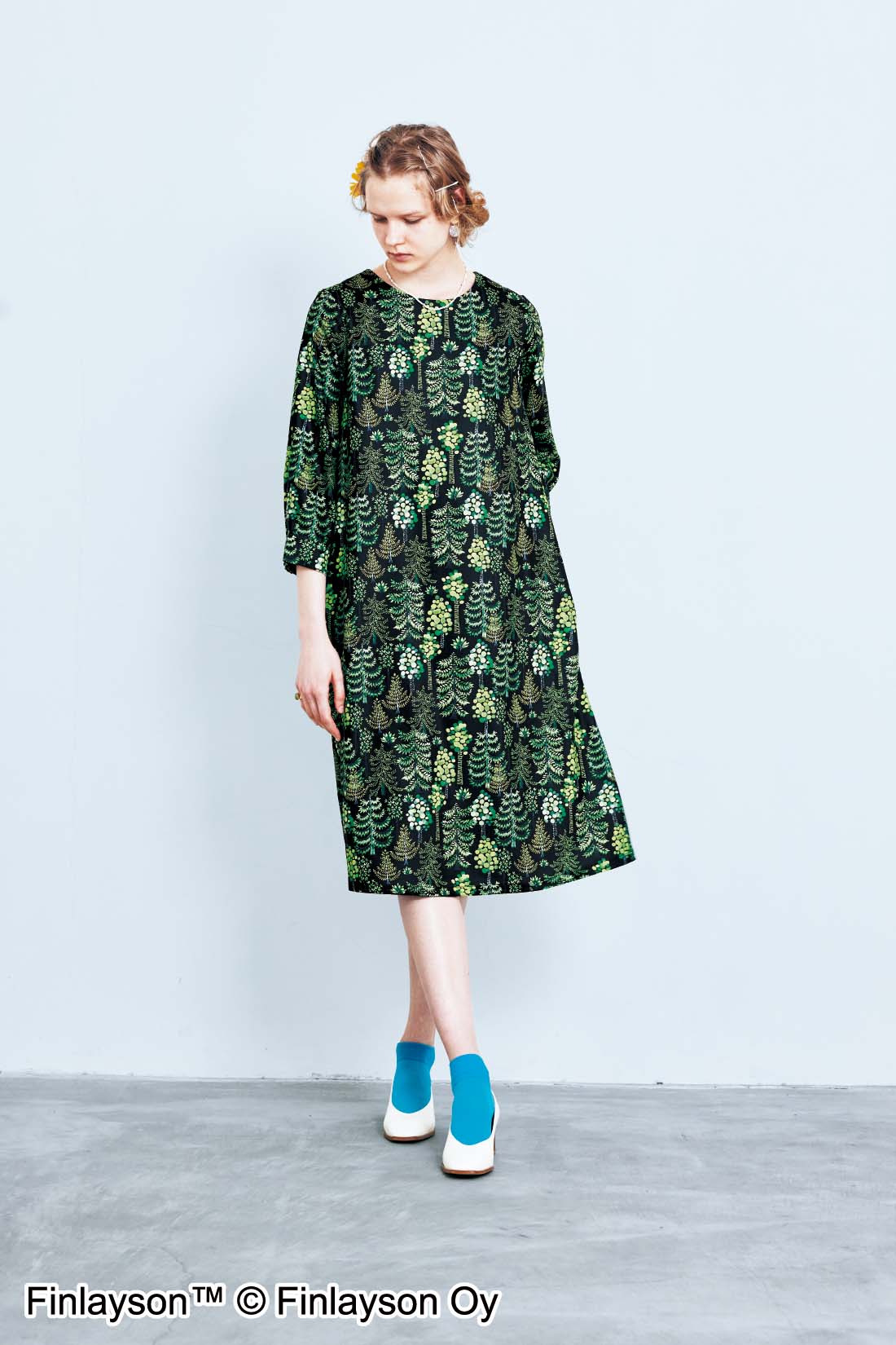 フェリシモ フィンレイソン シロップ グリーン 花柄 Aライン ワンピース Www Century21sgr Com