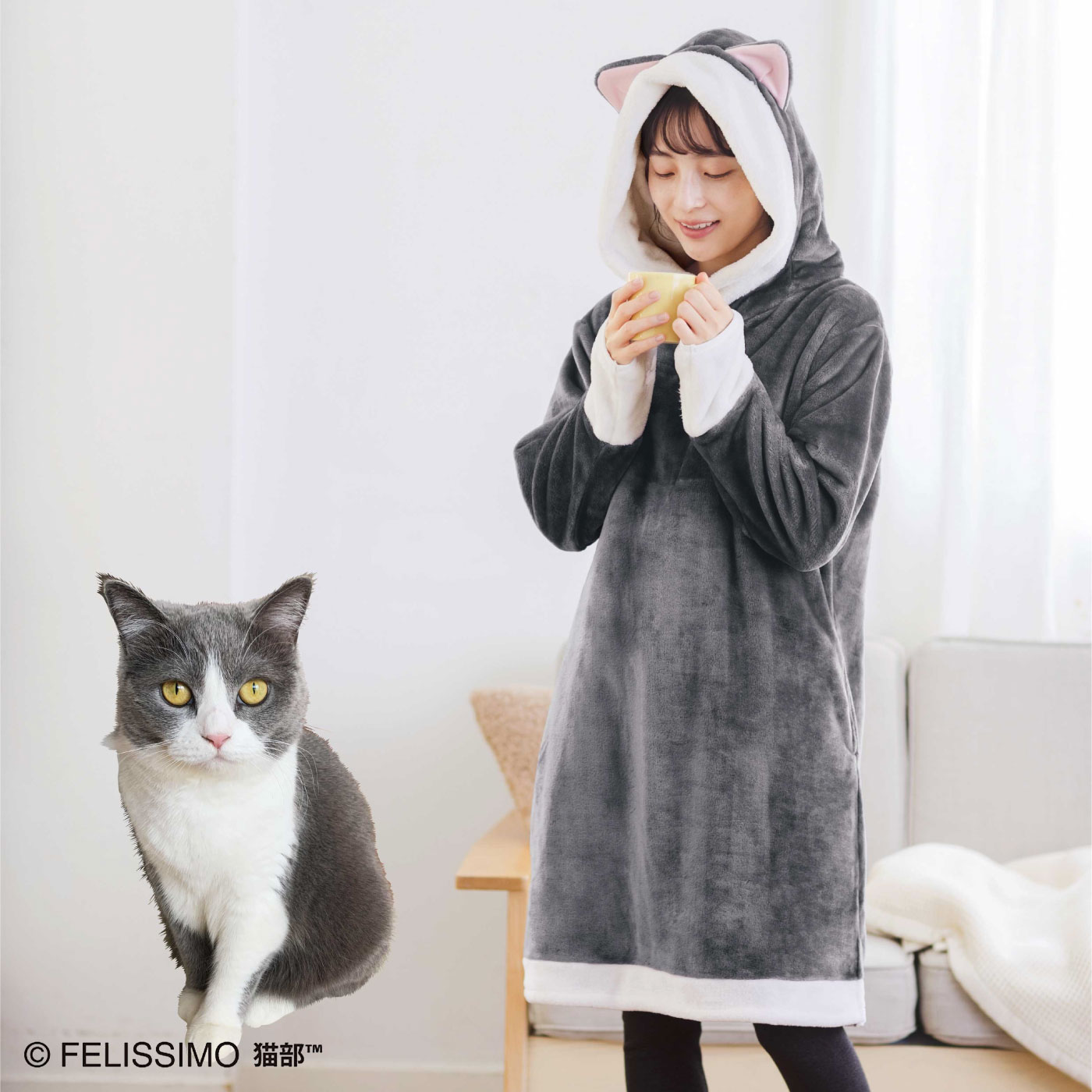 灰色 猫柄 パジャマ ルームウェア 韓国 ネコ レディース かわいい