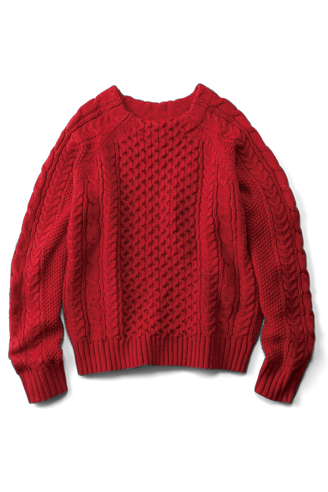 Live in comfort[リブ イン コンフォート]｜リブ イン コンフォート　ラグランスリーブですっきり見え！　フィッシャーマン風ニットトップス〈レッド〉｜〈レッド〉