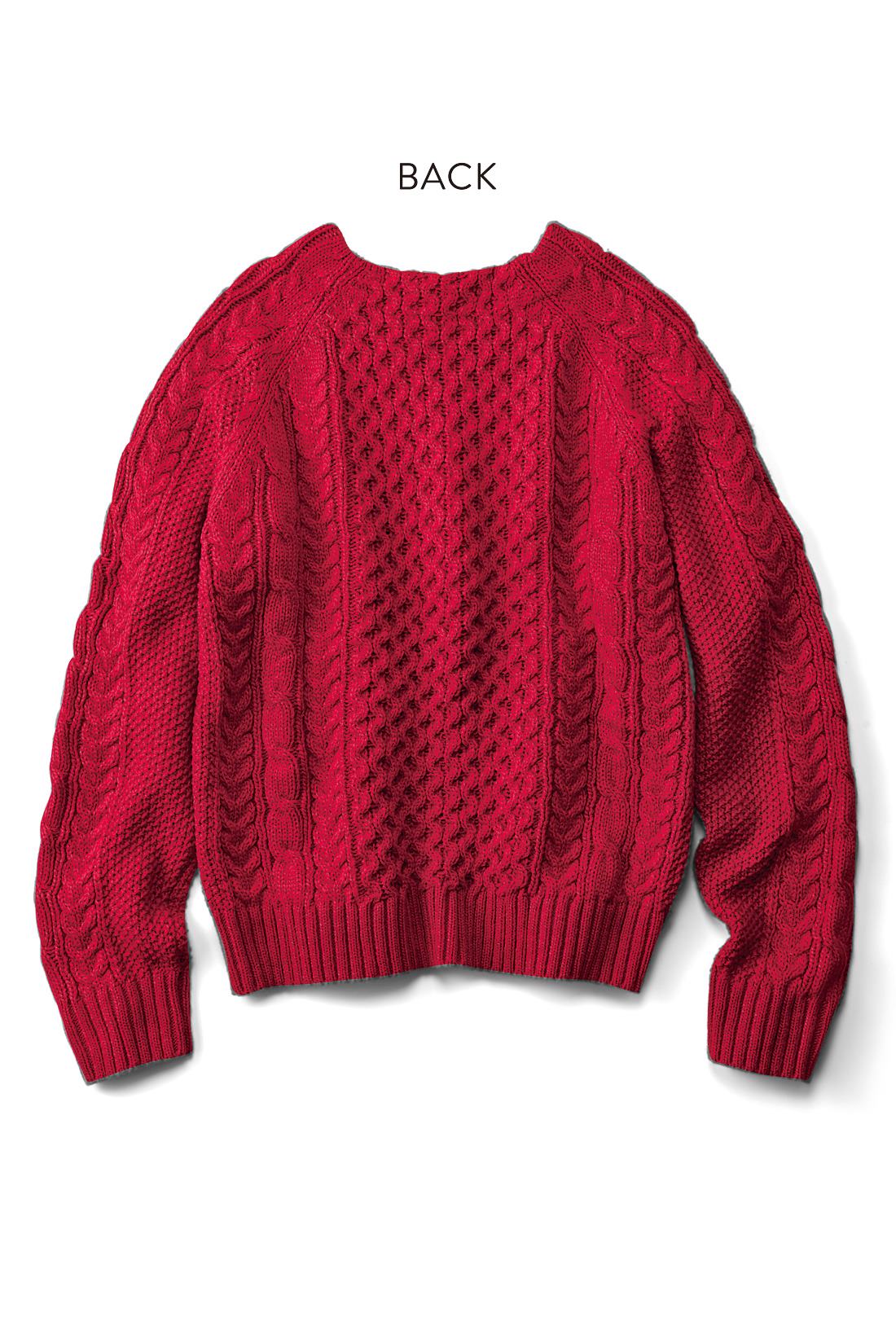 Live in comfort[リブ イン コンフォート]｜リブ イン コンフォート　ラグランスリーブですっきり見え！　フィッシャーマン風ニットトップス〈レッド〉｜こった編み柄で後ろ姿まで素敵なデザインです。