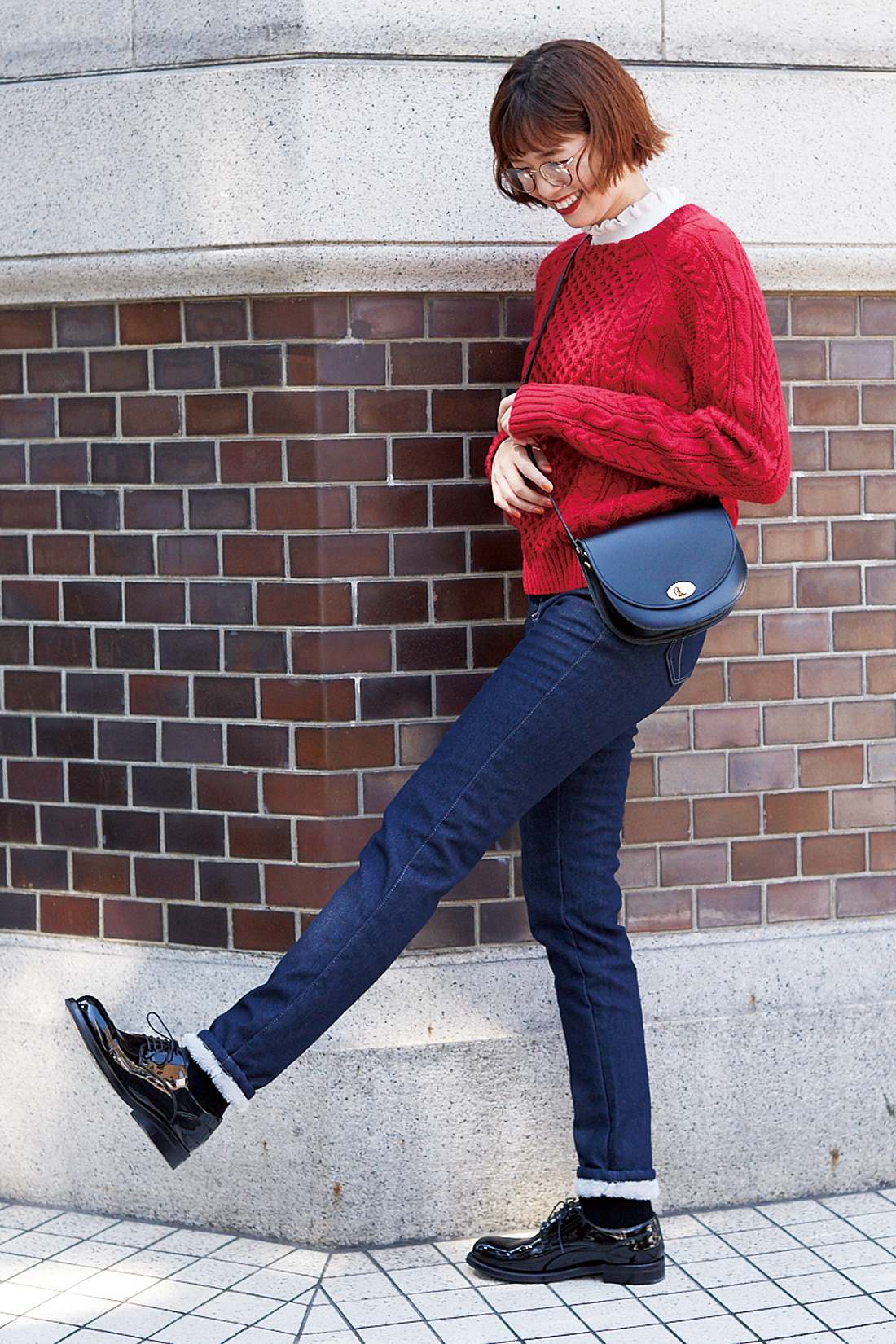 Live in comfort[リブ イン コンフォート]｜リブ イン コンフォート　ラグランスリーブですっきり見え！　フィッシャーマン風ニットトップス〈レッド〉