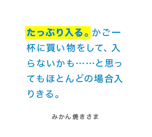 たっぷり入る。かご一杯に買い物をして、入らないかも……と思ってもほとんどの場合入りきる。 みかん焼きさま