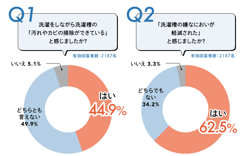 洗濯をしながら洗濯槽の「汚れやカビの掃除ができている」と感じましたか？ 「洗濯槽の嫌なにおいが軽減された」と感じましたか？