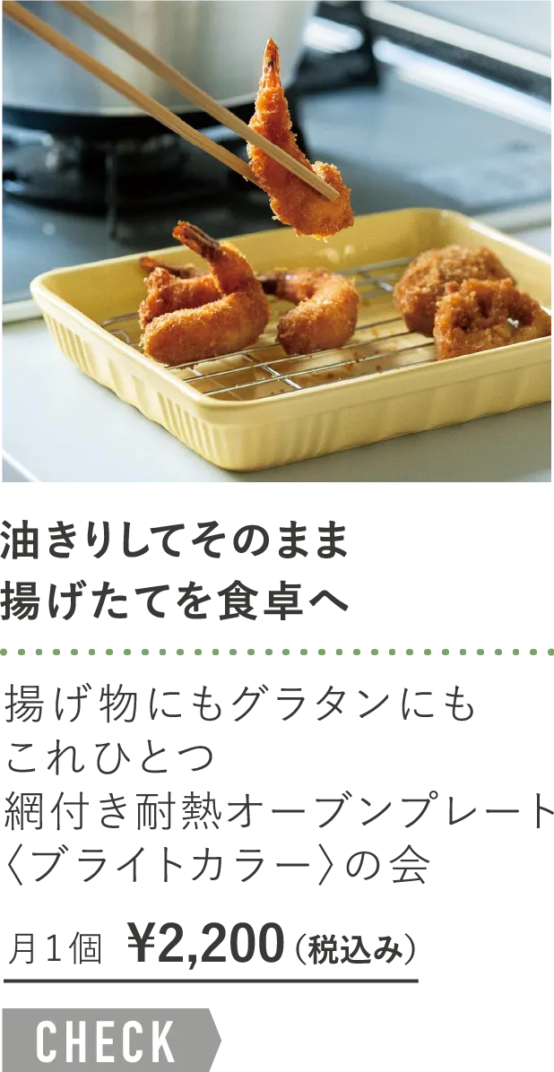「油きりしてそのまま揚げたてを食卓へ」揚げ物にもグラタンにもこれひとつ網付き耐熱オーブンプレート〈ブライトカラー〉の会 月1個¥2,200