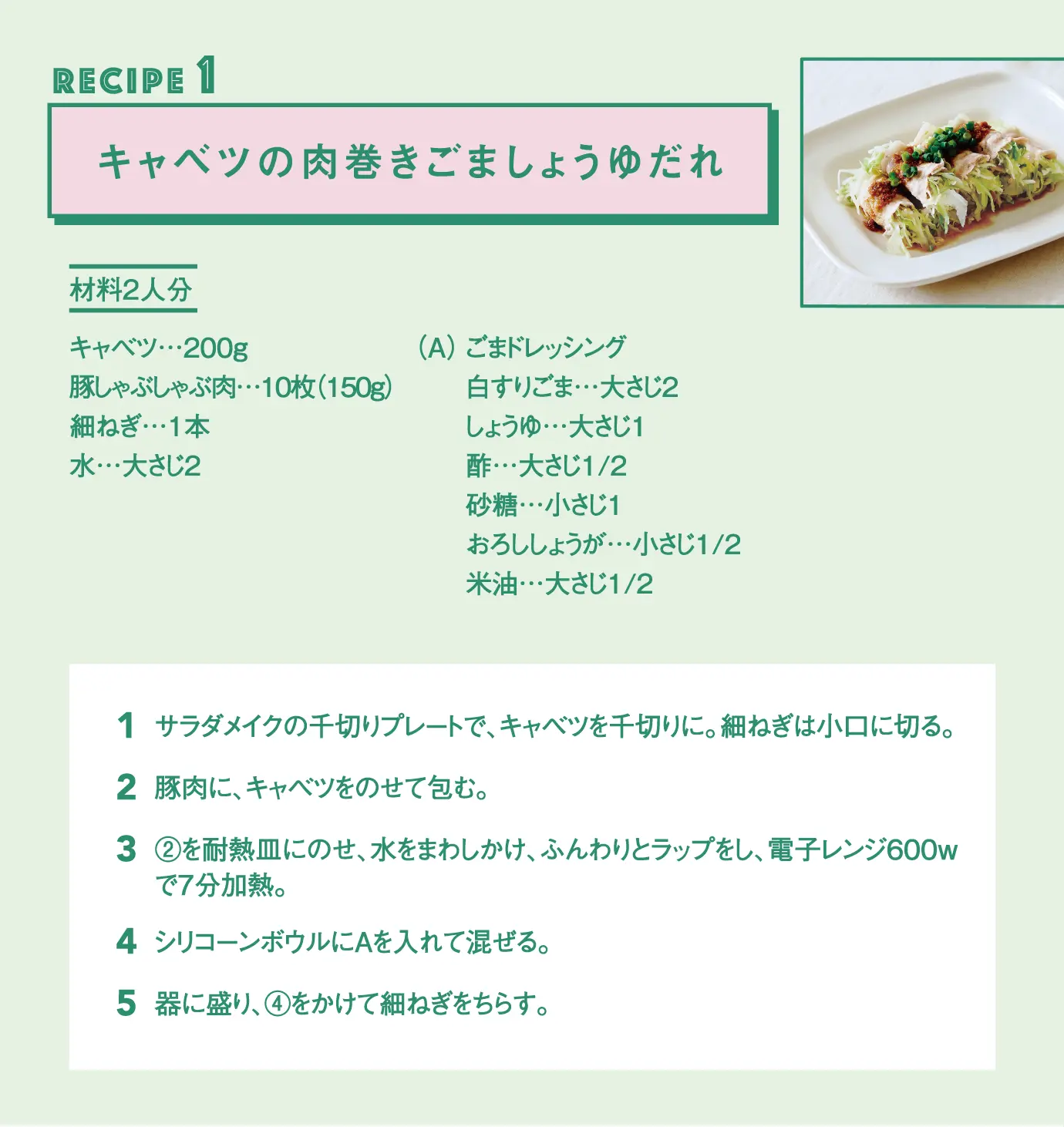 Recipe 1 キャベツの肉巻きごましょうゆだれ