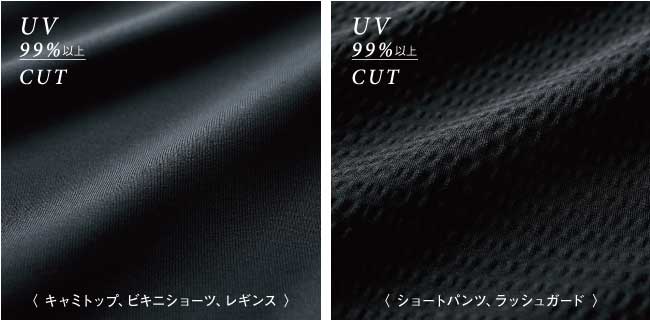 UV 99%以上CUT 〈キャミトップ、ビキニショーツ、レギンス〉　UV 99%以上CUT 〈ショートパンツ、ラッシュガード〉