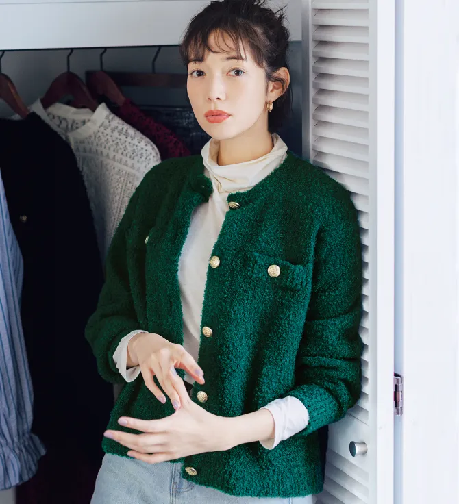 上品で気分が上がる洗えるニットアウター〈フォレストグリーン〉