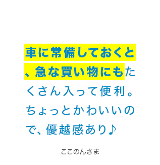 車に常備しておくと、急な買い物にもたくさん入って便利。ちょっとかわいいので、優越感あり♪ ここのんさま