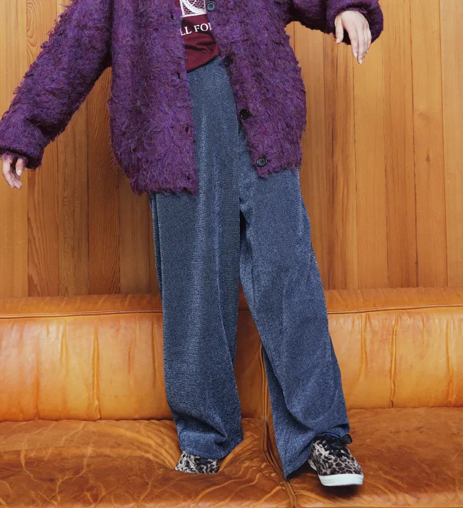 ラップデザイン裏起毛シェニールデニムパンツ〈ブルー〉