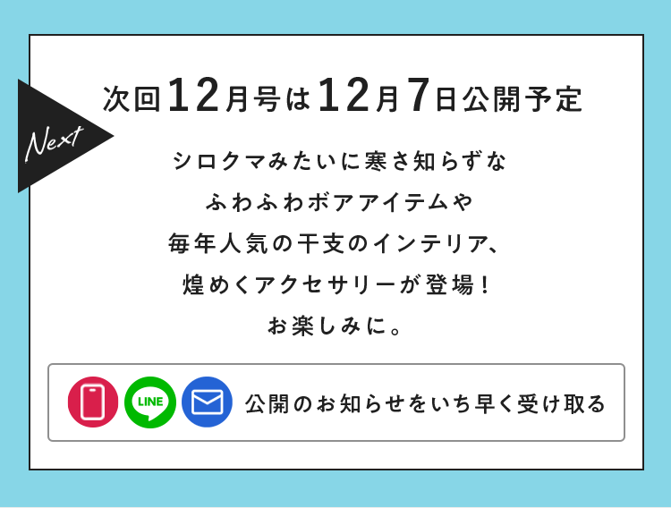 次回12月号は12月7日公開予定 シロクマみたいに寒さ知らずなふわふわボアアイテムや毎年人気の干支のインテリア、煌めくアクセサリーが登場！お楽しみに。