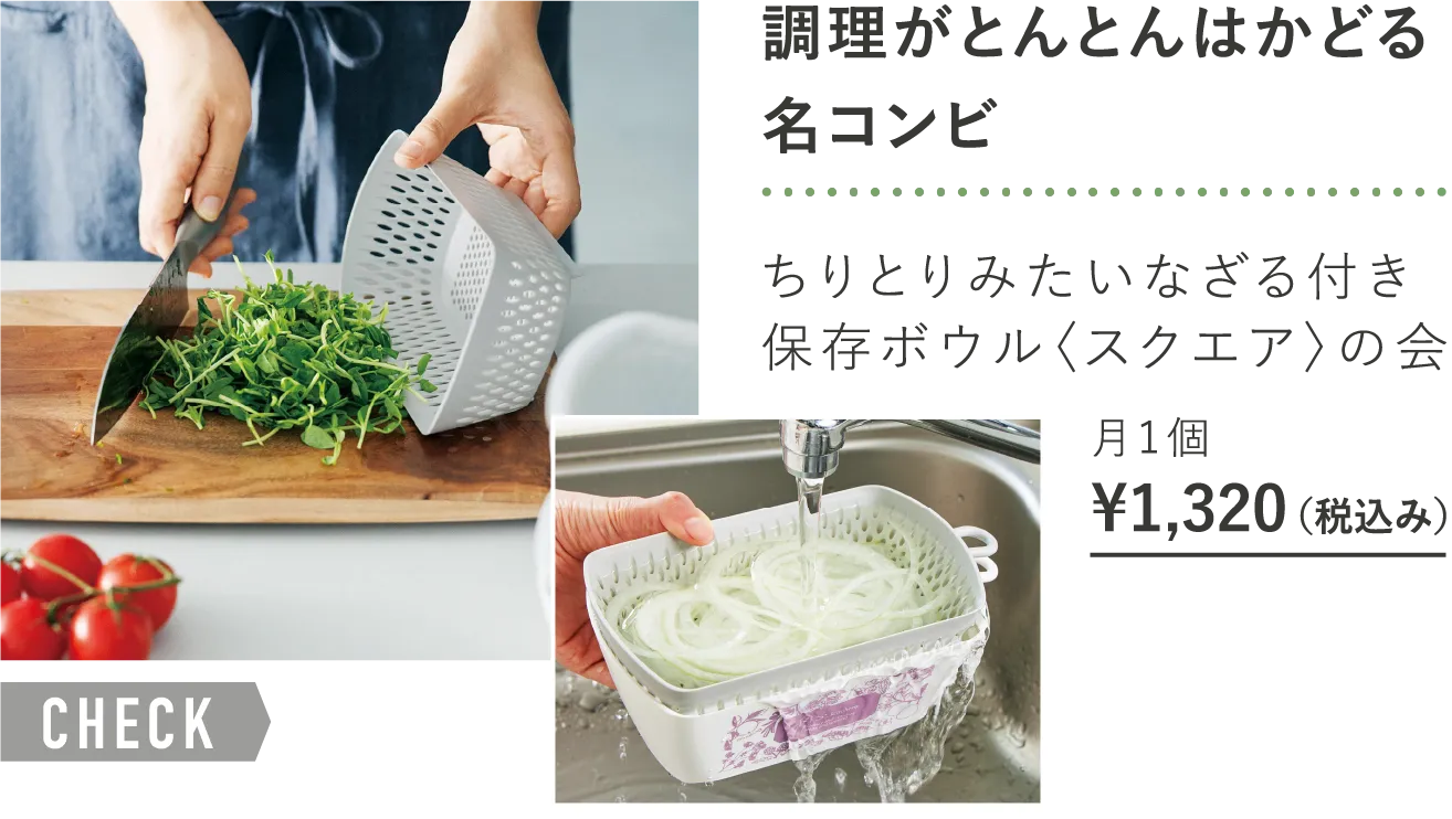 「調理がとんとんはかどる名コンビ」ちりとりみたいなざる付き保存ボウル〈スクエア〉の会 月1個¥1,320