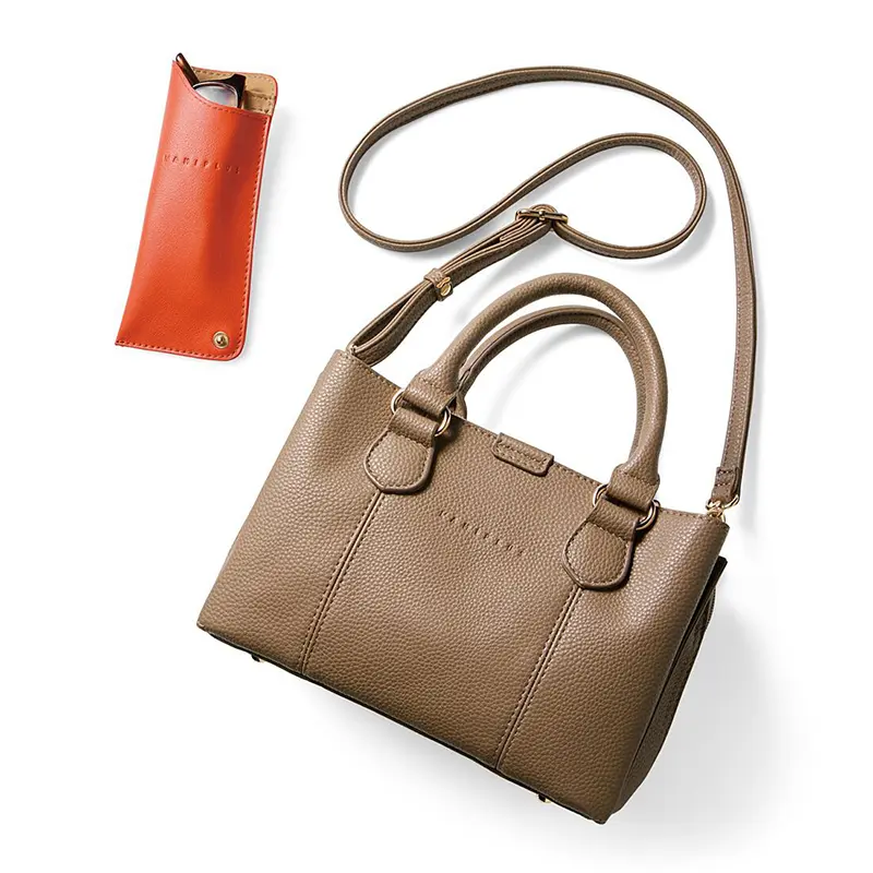 ラミプリュス　メガネをクイットイン　ガバッと開く ５層アコーディオン　ショルダーハンドバッグ〈トープベージュ〉