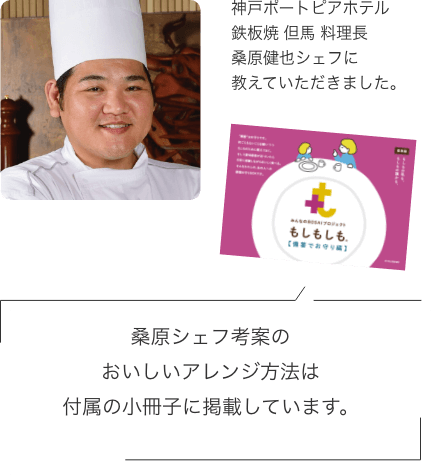 神戸ポートピアホテル鉄板焼 但馬 料理長桑原健也シェフに教えていただきました。 桑原シェフ考案のおいしいアレンジ方法は付属の小冊子に掲載しています。